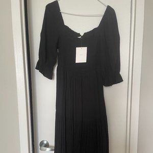 Oak + Fort Smocked Midi Dress in Black
